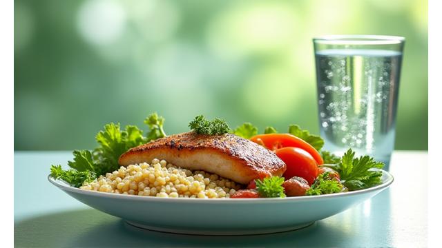 A balanced meal with whole grains, vegetables, and lean protein, illustrating mindful eating for metabolic health.