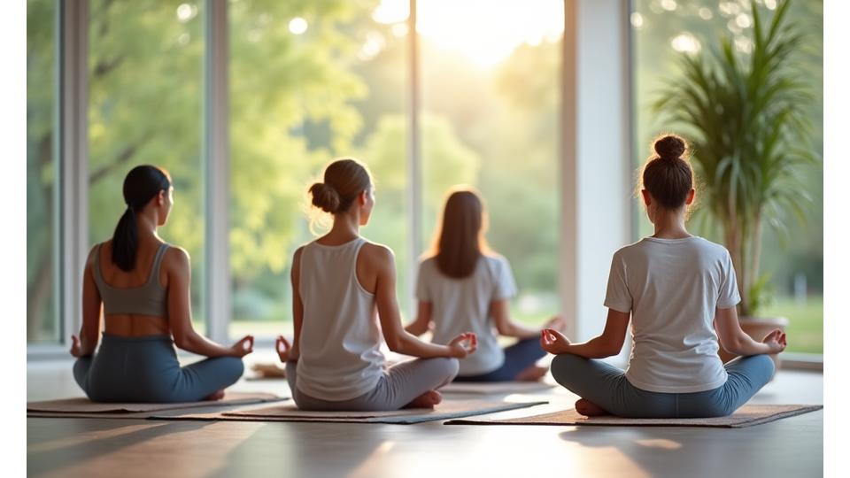 A tranquil image of a diverse group of adults meditating in a peaceful, natural setting, symbolizing a vast meditation library.