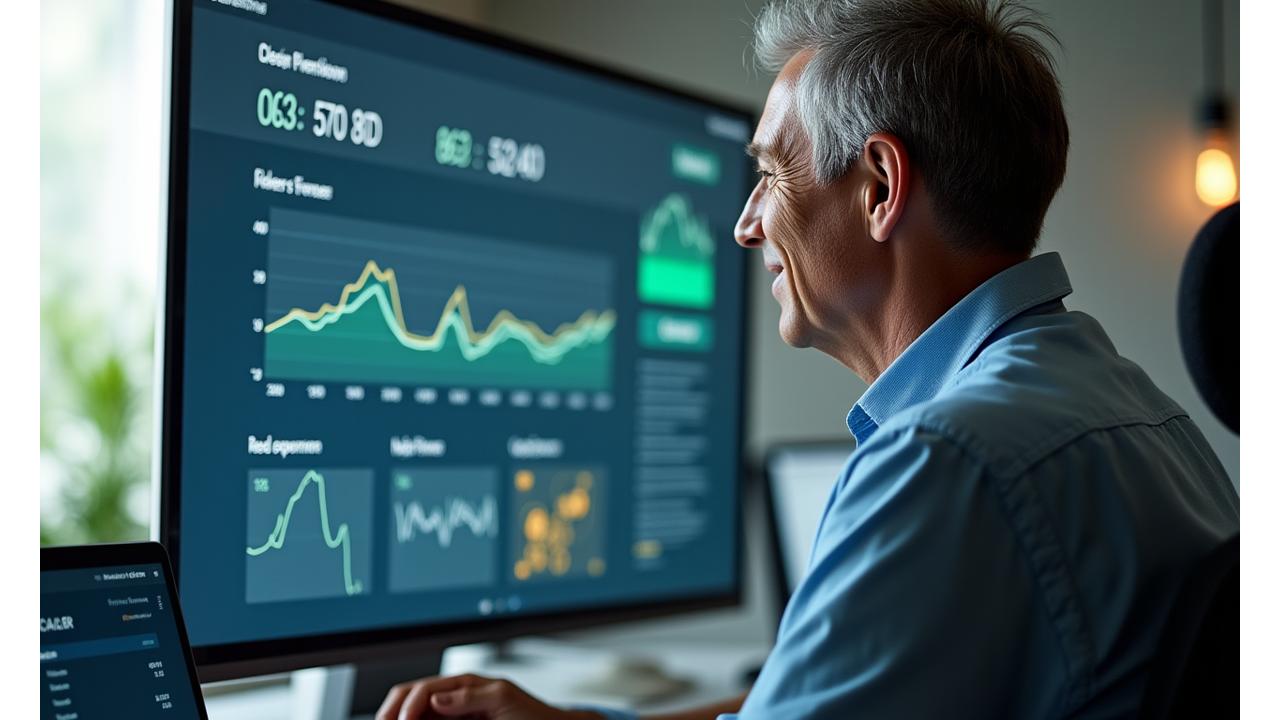 A person viewing a stylized digital dashboard on a tablet, showcasing various health metrics like heart rate variability, sleep patterns, and activity trends, with clear, easy-to-understand graphs and data points.