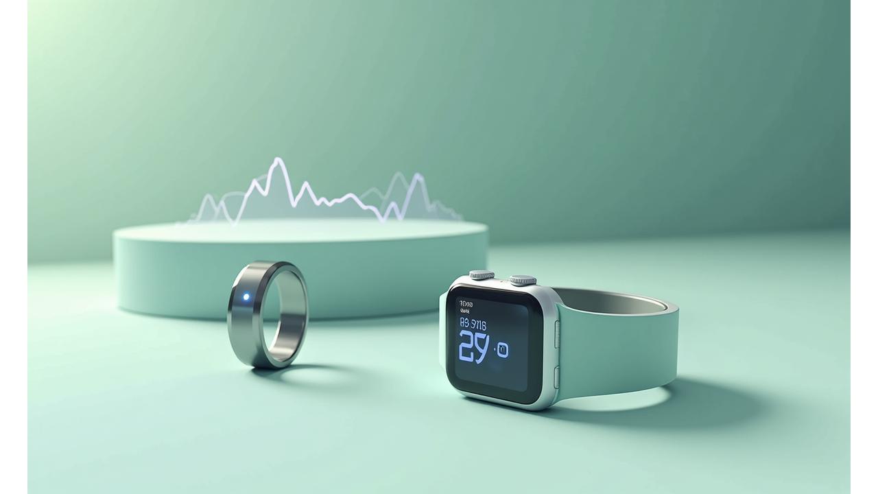A collection of modern wearable health devices, including a smart ring, a fitness tracker, and a sleek smartwatch, arranged on a minimalist surface with subtle digital health stats overlays, symbolizing data-driven wellness for adults.