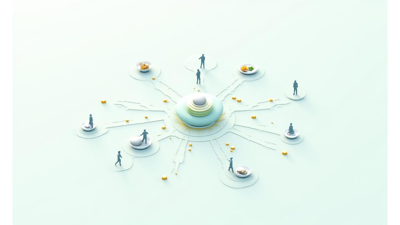 A schematic infographic showing a wearable device connecting via lines to various wellness aspects: a food plate for nutrition, a person meditating for stress, a running figure for exercise, and a sleeping person for rest, symbolizing a holistic integration of data into lifestyle.