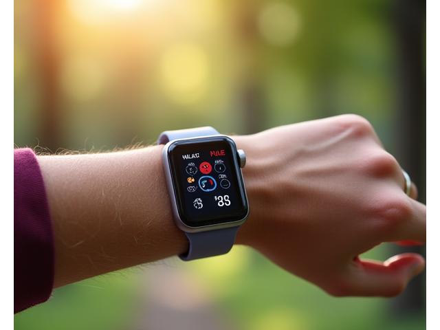 A sleek smartwatch displaying health metrics like heart rate and activity rings, on a wrist during a gentle walk in a park, illustrating comprehensive health monitoring.