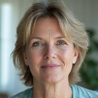 Portrait of Sarah Miller, a serene, well-rested woman in her early 40s, looking refreshed, symbolizing improved sleep quality and stress reduction.